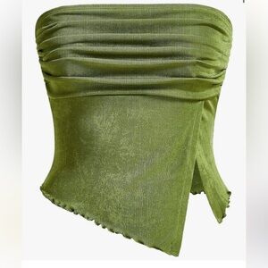 Olive Green Asymmetrical Tube Top with Lettuce Hem